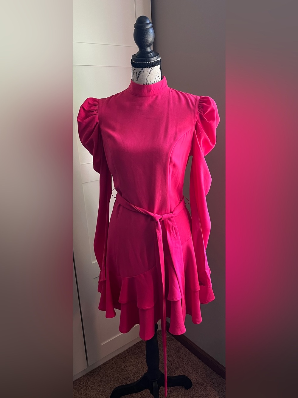 A. Calin by Flying Tomato Hot Pink Puff-Sleeve Belted Long-Sleeve Dress